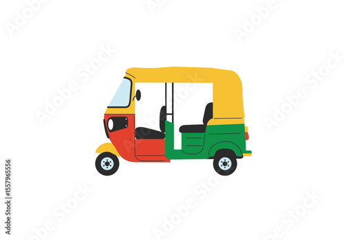 A colorful threewheeled auto rickshaw stands on a white background