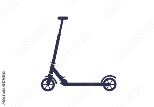 A dark blue silhouette of a kick scooter stands on a white background