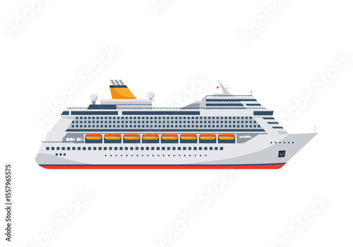 A cruise ship is sailing across the sea sporting lifeboats windows and a stack