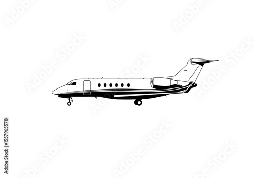 A detailed line drawing of a private jet on a white background