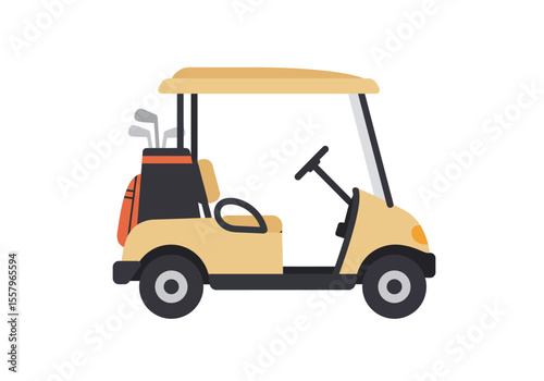 A golf cart on a white background seen in profile It contains golf clubs in a bag