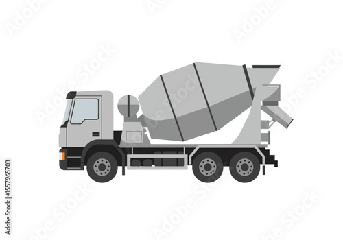 A grey cement truck with a rotating drum three axels and a mixer on the back facing right