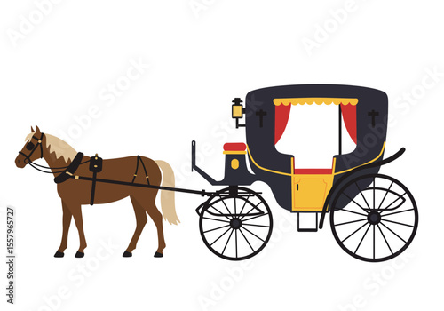 A horsedrawn carriage is shown with the horse in brown and the carriage in black with yellow trim