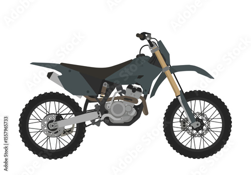 A grey dirt bike with large wheels detailed engine and angular body panels sits on a white background