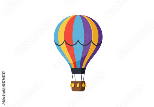 A hot air balloon with vertical stripes in yellow red blue and purple and a basket suspended below
