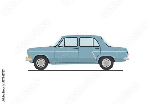 A light blue fourdoor car is shown in profile