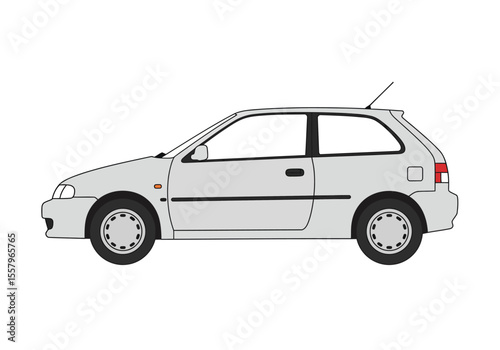 A lightgray threedoor hatchback car is displayed in a side view on a white background