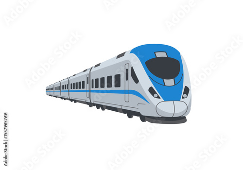 A long blue and white highspeed train spans the frame against a stark white backdrop