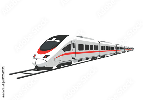 A modern highspeed train with a streamlined design featuring a white exterior with red accents on a railway track