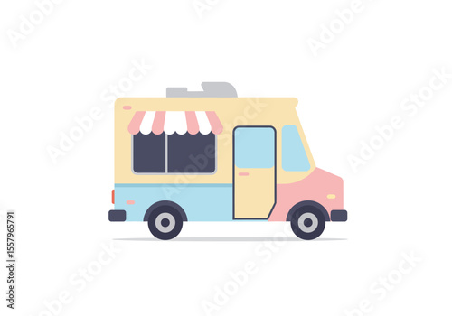 A pastelcolored food truck featuring pink yellow and blue panels