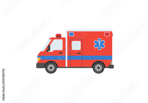 A red ambulance with a blue stripe and a star emblem