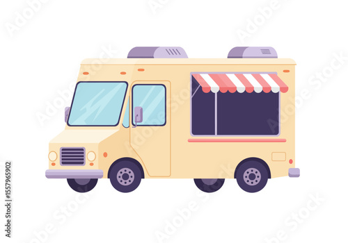 A stylized beige food truck featuring a striped awning rounded edges and minimalist detailing
