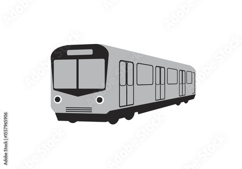 A simplified gray subway train is angled slightly right set against a white background