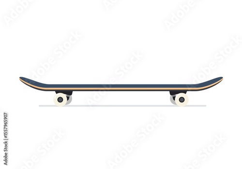 A skateboard is horizontally positioned displaying a dark board with four white wheels