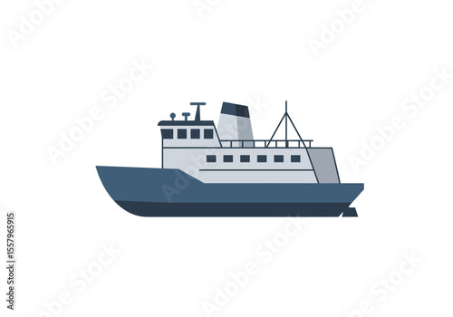 A stylized ferry boat with a boxy cabin smoke stack and antennae on a white background