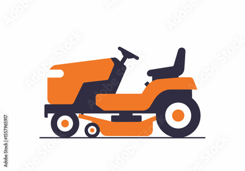 A stylized orange and dark blue lawn mower is shown