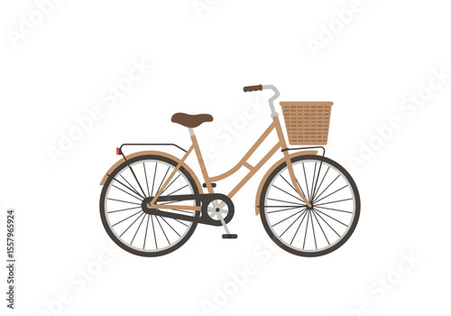 A tan bicycle with a basket seat and vintage design set against a white background