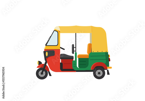 A threewheeled auto rickshaw with a yellow roof red front and green back