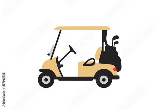A tan golf cart with clubs in a bag parked on a white background