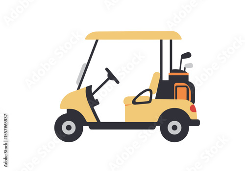 A tan golf cart is depicted with a golf bag and clubs in the back