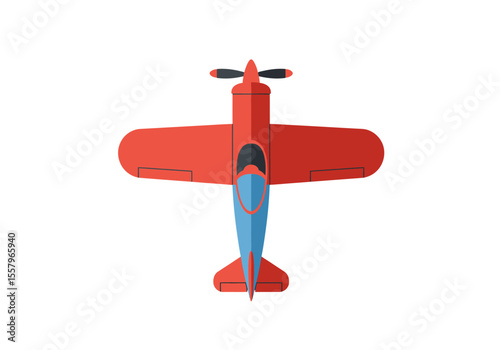 A topdown view of a stylized red biplane with a blue fuselage and black propeller