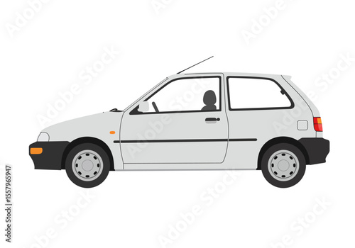 A twodoor compact car silvergray in color with black bumpers and trim featuring a drivers silhouette visible inside