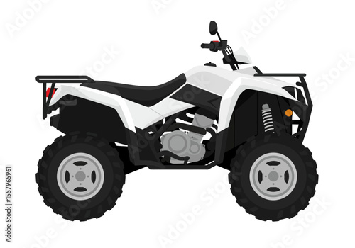 A white allterrain vehicle with black accents is positioned against a white backdrop