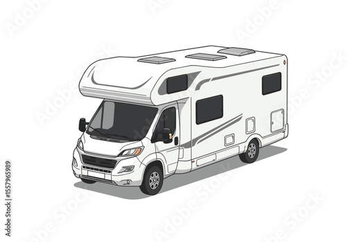 A white camper van with gray accents is isolated on a white background casting a soft shadow