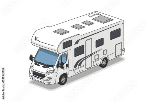 A white camper van is depicted with a gray roof side windows and a shadow on a white background