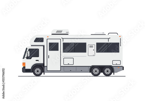 A white RV with gray windows and tires is positioned on a flat surface