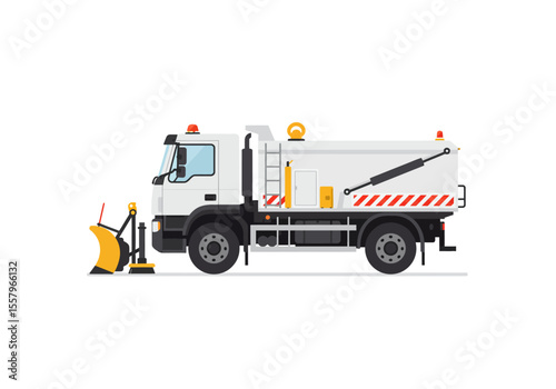 A white snowplow truck with yellow blade and orange warning lights sits on a white background