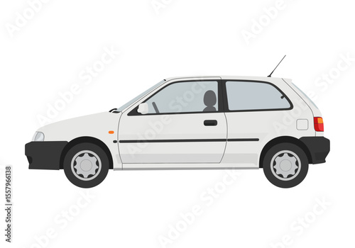 A white subcompact car is depicted in a vector illustration against a white background