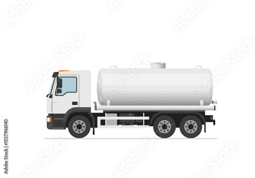 A white tank truck with dark wheels on a white background