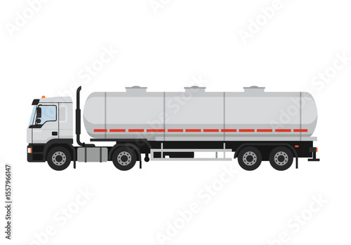 A white tanker truck is shown with a silver tank and black wheels on a white background