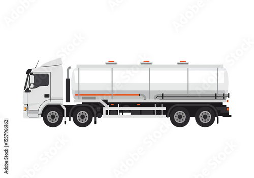 A white tanker truck with a cylindrical tank is shown in a side view against a white background