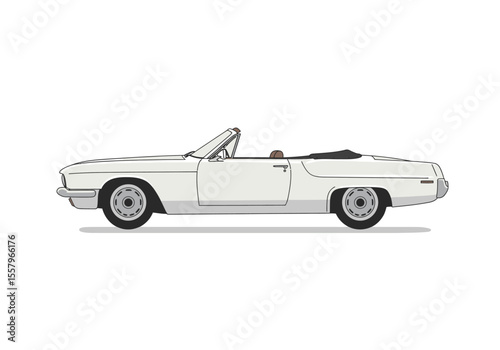A white vintage convertible car is shown in profile featuring dark tires and a detailed design