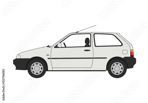 A white twodoor hatchback car with black bumpers is depicted in a vector illustration against a white background