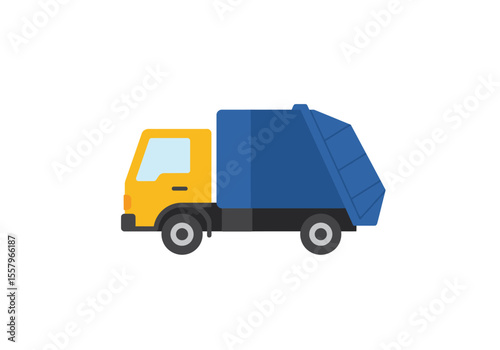 A yellow and blue garbage truck sits stationary