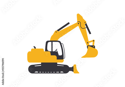 A yellow and gray excavator sits on a white background