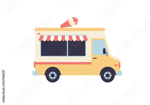 An ice cream truck is depicted with an ice cream cone on top of its roof