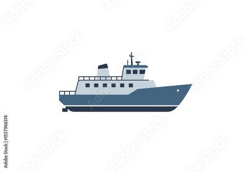 An illustration of a ferry ship with a blue and gray color scheme set against a stark white background
