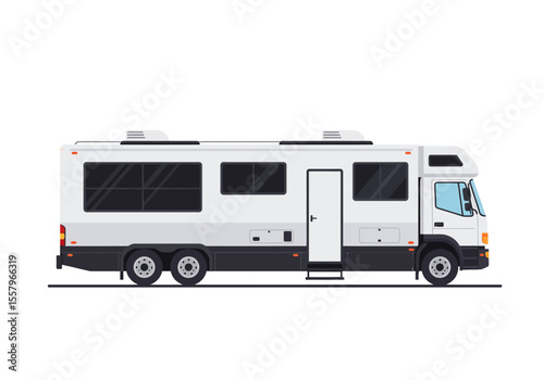 An illustration of a white and black RV with tinted windows