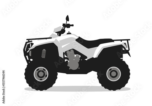 An isolated vector drawing of an ATV side view with large tires headlight guard handlebars and an engine