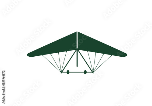 An olive green hang glider with a triangular wing support cables and a wheeled base