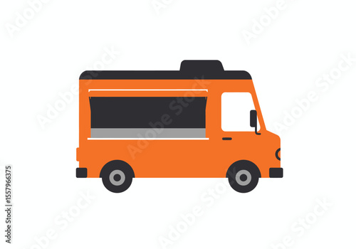 An orange food truck is depicted with black roof and wheels on a white background