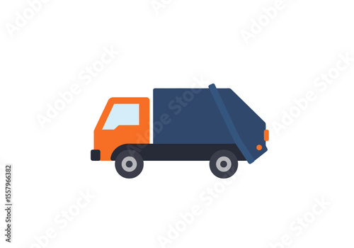 An orange and dark blue garbage truck icon on a white background