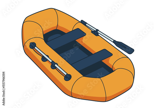 An orange inflatable raft with navy blue seating and two oars visible angled slightly