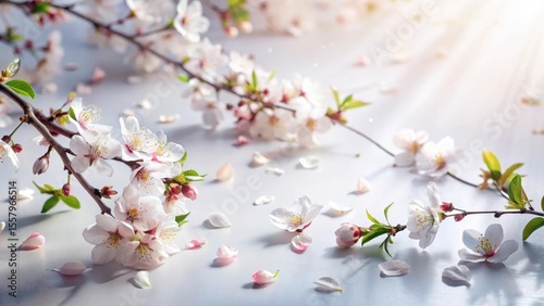 Delicate Spring Blossoms on a Light Surface with Soft Sunlight and Scattered Petals