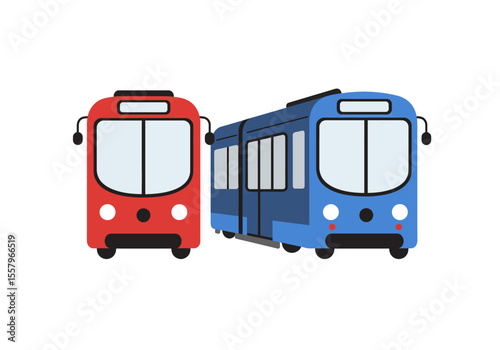 Cartoon image of a red bus next to a blue train on a white background