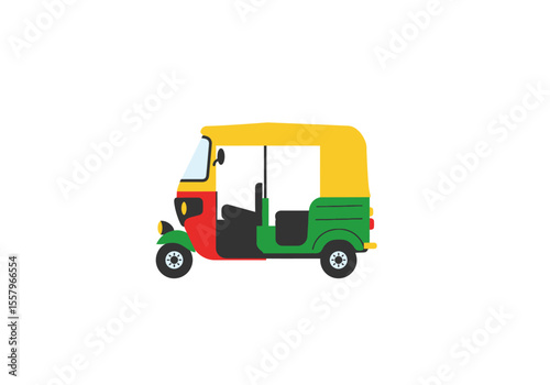 Colorful auto rickshaw with yellow roof red front and green back parked on a white background
